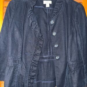 LOFT Blue Blazer with Ruffled Collar